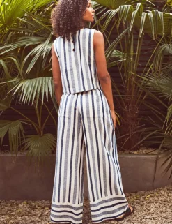 Cotton Rich Striped Wide Leg Trousers with Linen