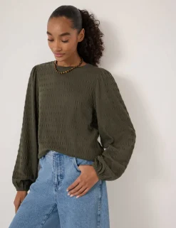 Cotton Rich Textured Crew Neck Top