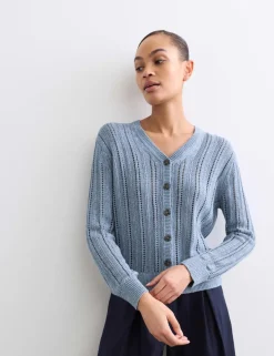 Cotton Rich Textured Open Knit V-Neck Cardigan