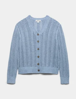 Cotton Rich Textured Open Knit V-Neck Cardigan