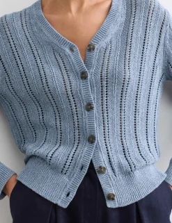 Cotton Rich Textured Open Knit V-Neck Cardigan