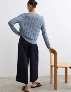 Cotton Rich Textured Open Knit V-Neck Cardigan