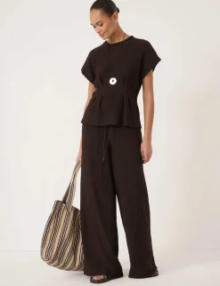 Cotton Rich Textured Shirred Crew Neck Top