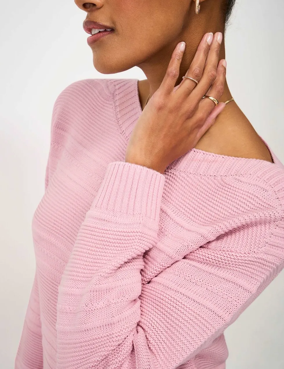 Cotton Rich Textured Slash Neck Jumper