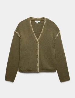 Cotton Rich Textured V-Neck Whipstitch Cardigan