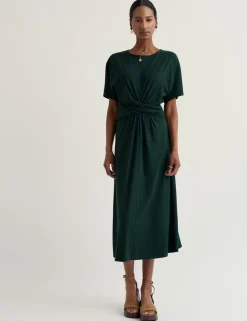 Cotton Rich Twist Front Midi Waisted Dress
