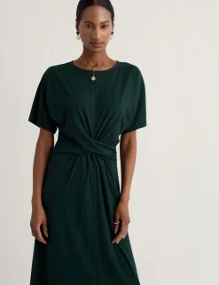 Cotton Rich Twist Front Midi Waisted Dress