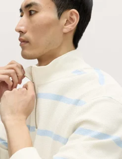 Cotton Rich Waffle Striped Half Zip Sweatshirt