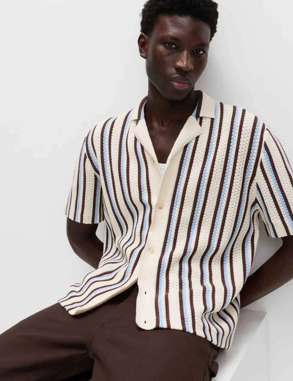 Cotton Textured Striped Knitted Polo Shirt