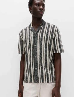 Cotton Textured Striped Knitted Polo Shirt