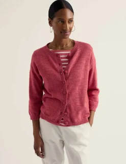 Cotton-Rich Crew Neck Cardigan with Linen