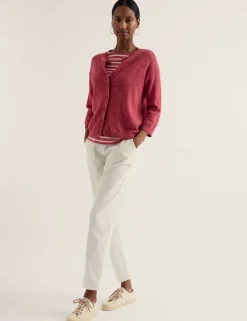 Cotton-Rich Crew Neck Cardigan with Linen