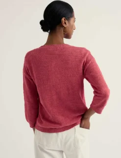 Cotton-Rich Crew Neck Cardigan with Linen