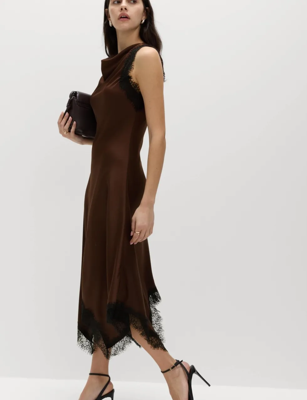 Cowl Neck Lace Detail Midi Slip Dress