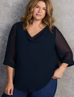 Cowl Neck Sheer Sleeve Blouse