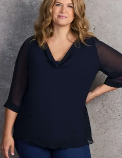 Cowl Neck Sheer Sleeve Blouse