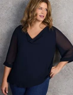Cowl Neck Sheer Sleeve Blouse