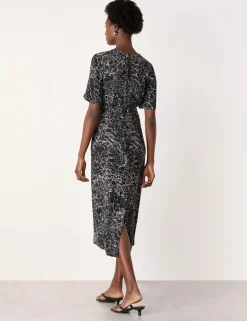 Crackle Print Twist Front Midi Shift Dress
