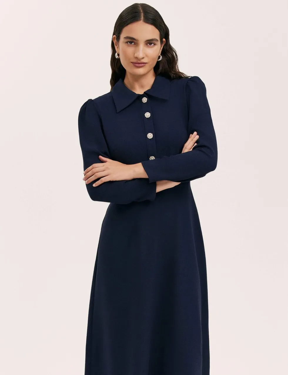 Crepe Button Front Midi Shirt Dress