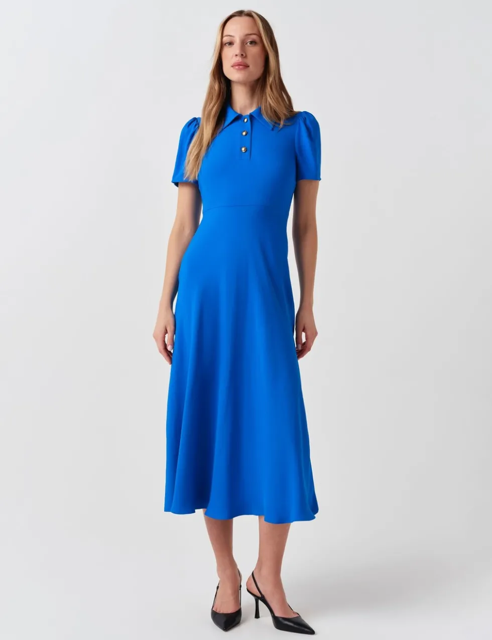 Crepe Collared Puff Sleeve Midi Shirt Dress