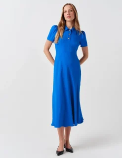 Crepe Collared Puff Sleeve Midi Shirt Dress