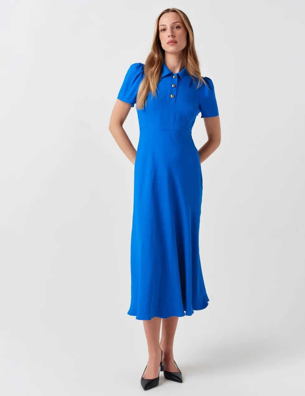 Crepe Collared Puff Sleeve Midi Shirt Dress