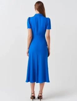 Crepe Collared Puff Sleeve Midi Shirt Dress