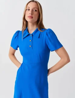 Crepe Collared Puff Sleeve Midi Shirt Dress