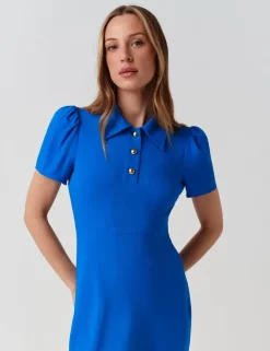Crepe Collared Puff Sleeve Midi Shirt Dress