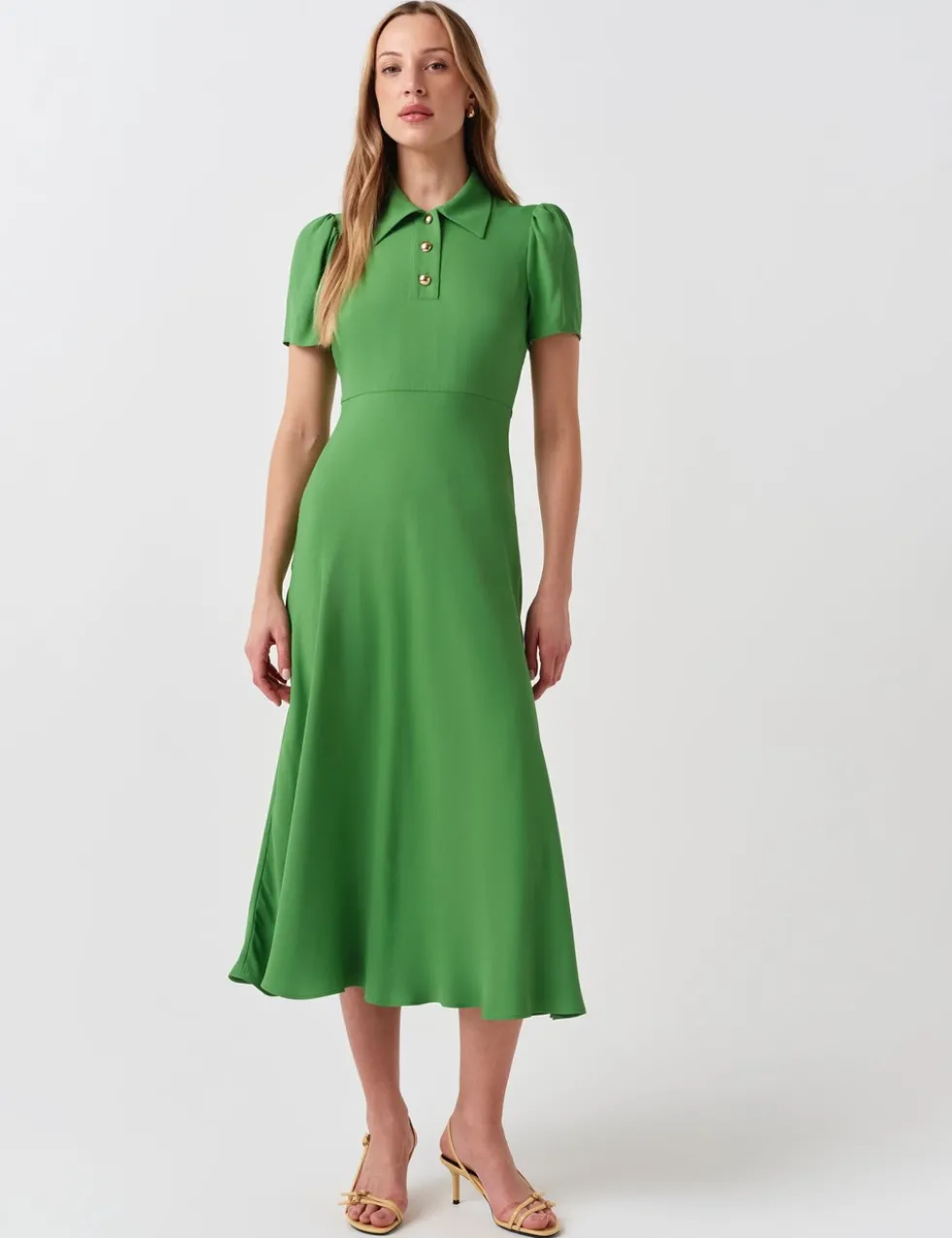 Crepe Collared Puff Sleeve Midi Shirt Dress