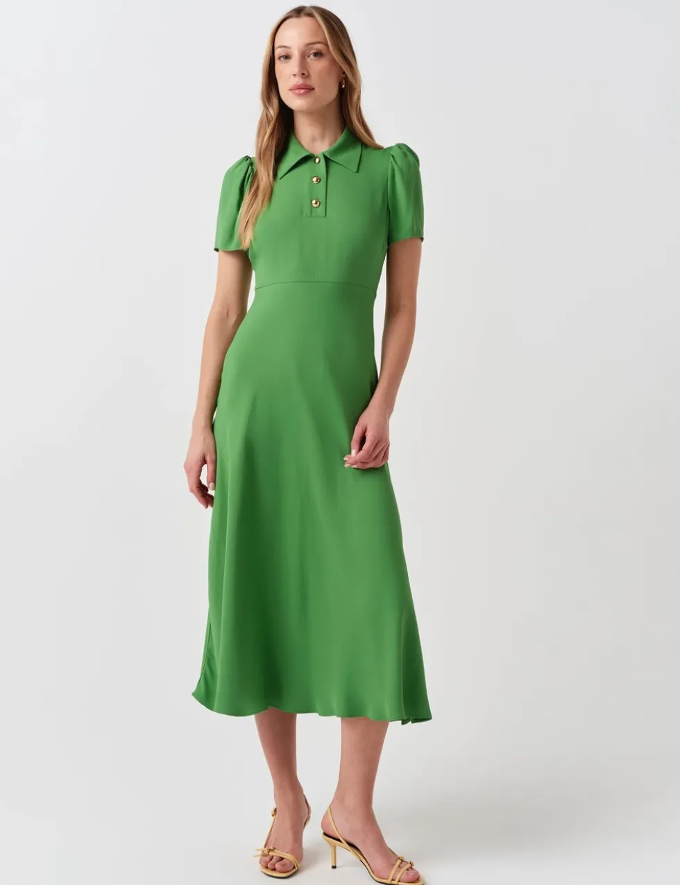 Crepe Collared Puff Sleeve Midi Shirt Dress