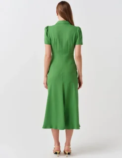 Crepe Collared Puff Sleeve Midi Shirt Dress