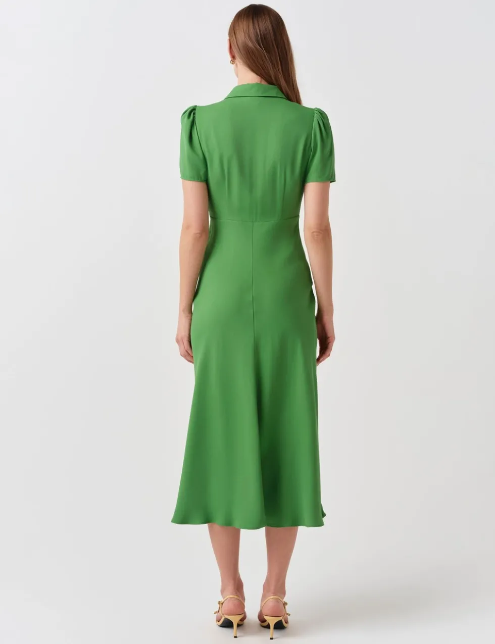 Crepe Collared Puff Sleeve Midi Shirt Dress