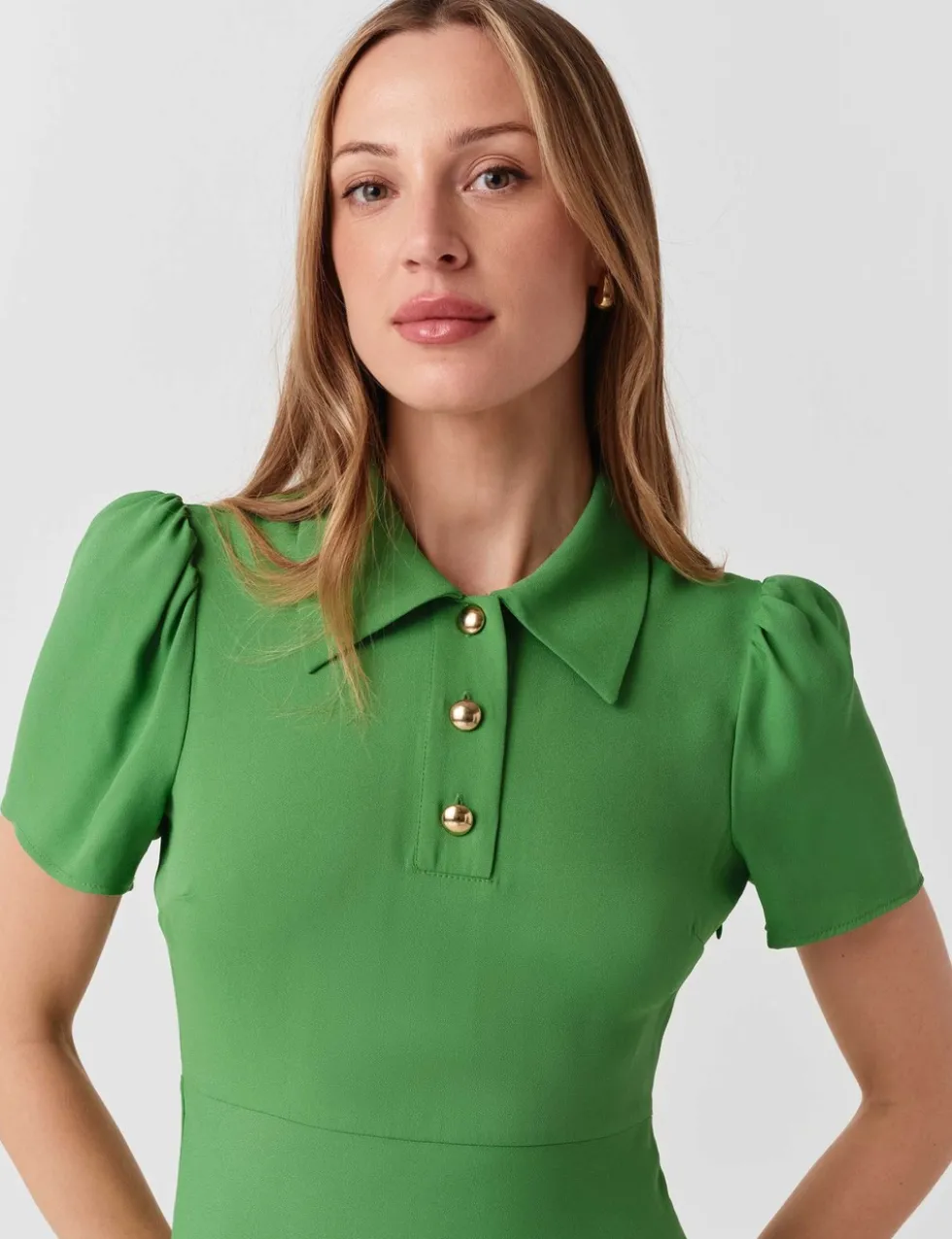 Crepe Collared Puff Sleeve Midi Shirt Dress