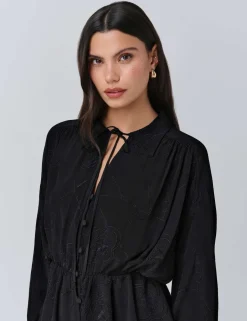 Crepe Embroidered Tie Neck Blouson Sleeve Blouse