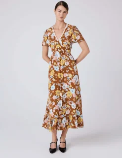 Crepe Floral Lace Trim Midi Tea Dress