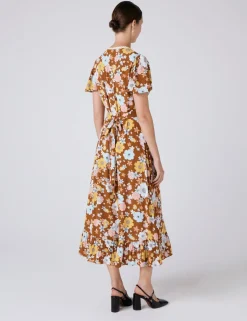 Crepe Floral Lace Trim Midi Tea Dress