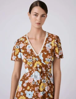 Crepe Floral Lace Trim Midi Tea Dress