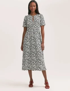 Crepe Floral Tie Neck Midi Tiered Tea Dress