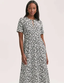 Crepe Floral Tie Neck Midi Tiered Tea Dress