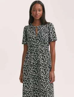 Crepe Floral Tie Neck Midi Tiered Tea Dress