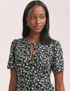 Crepe Floral Tie Neck Midi Tiered Tea Dress