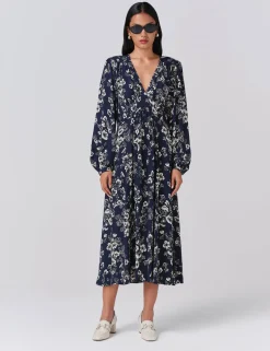 Crepe Floral V-Neck Midi Skater Dress