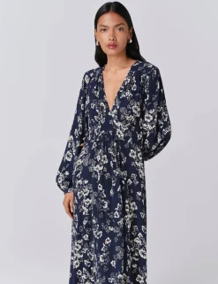 Crepe Floral V-Neck Midi Skater Dress
