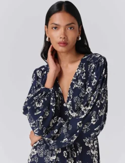 Crepe Floral V-Neck Midi Skater Dress