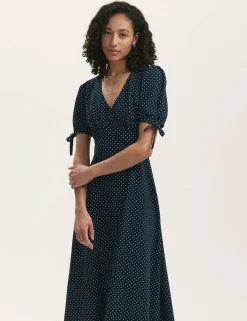 Crepe Floral V-Neck Midi Tea Dress