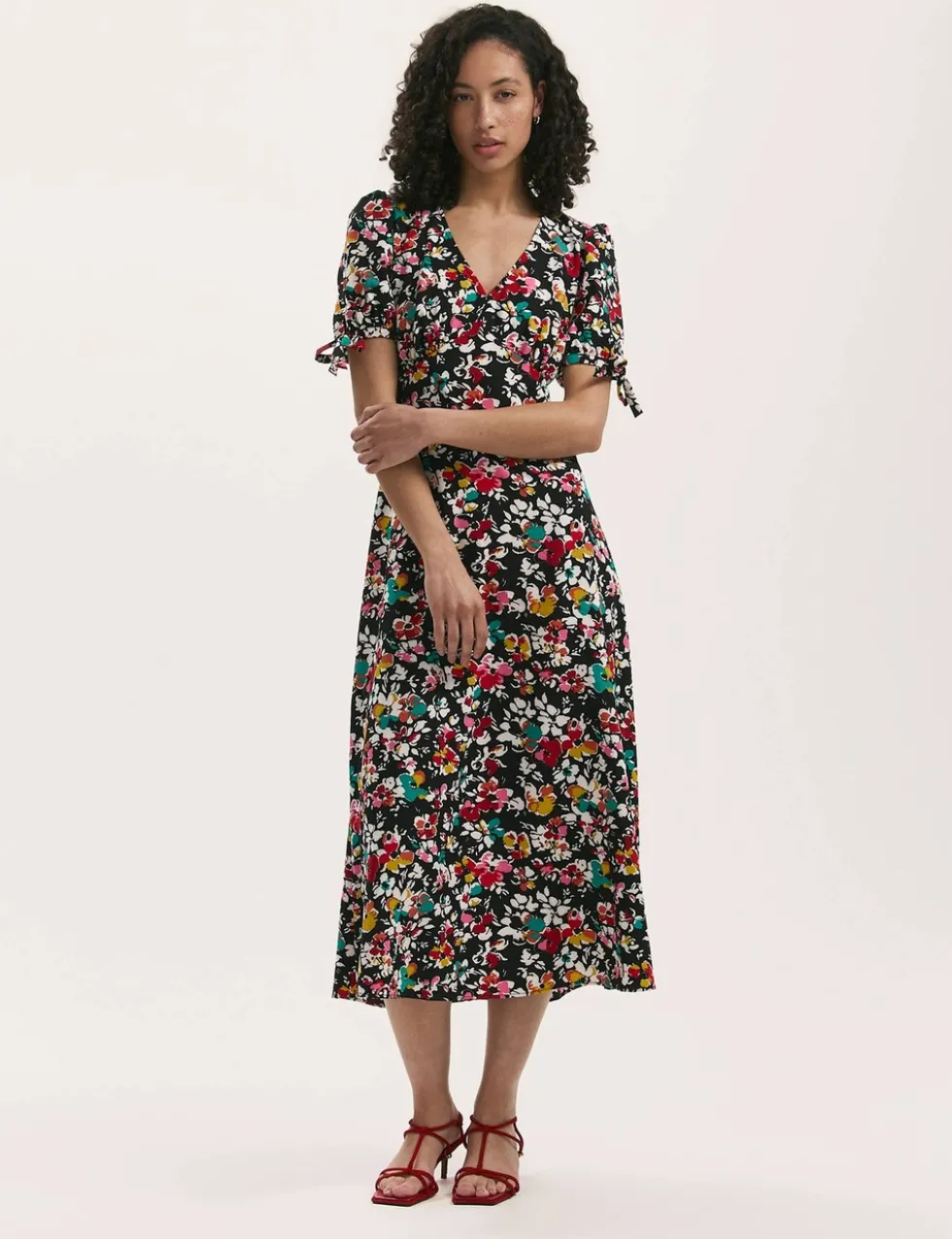 Crepe Floral V-Neck Midi Tea Dress