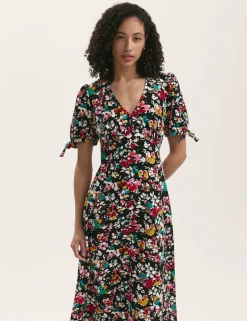 Crepe Floral V-Neck Midi Tea Dress