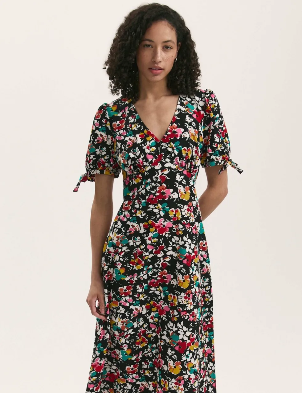Crepe Floral V-Neck Midi Tea Dress