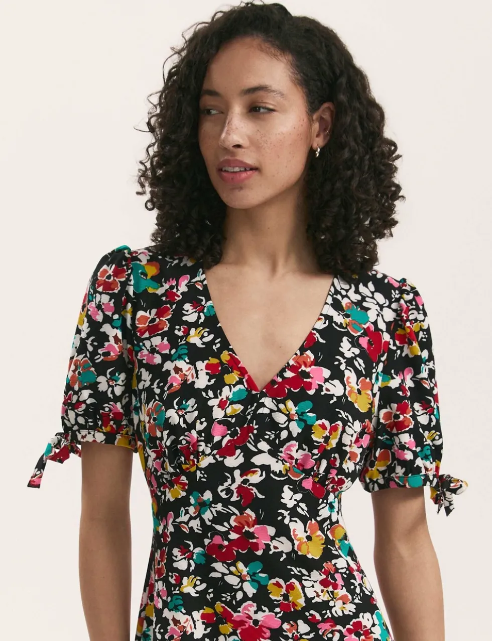 Crepe Floral V-Neck Midi Tea Dress